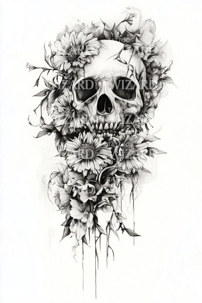 Floraler Totenkopfkranz Tattoo-Design