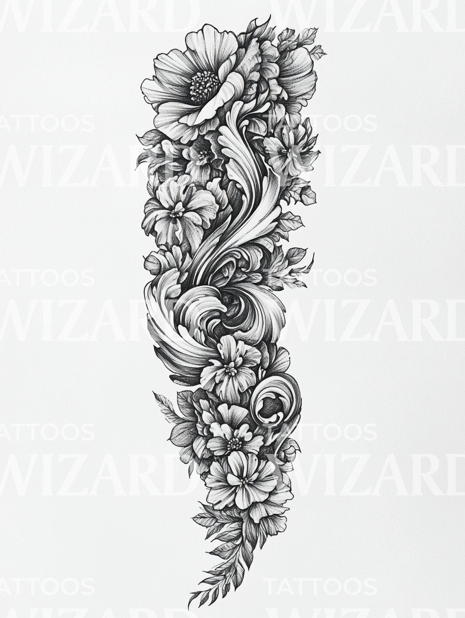 Black & Grey Floral Sleeve Tattoo for Men