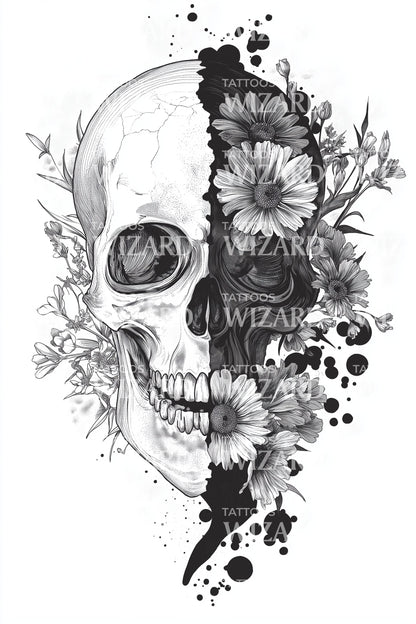 Florales geteiltes Totenkopf-Tattoo-Design