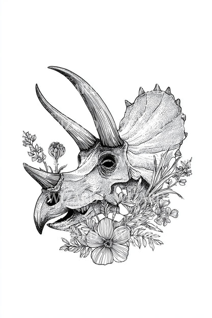 Floral Triceratops Skull Tattoo Illustration