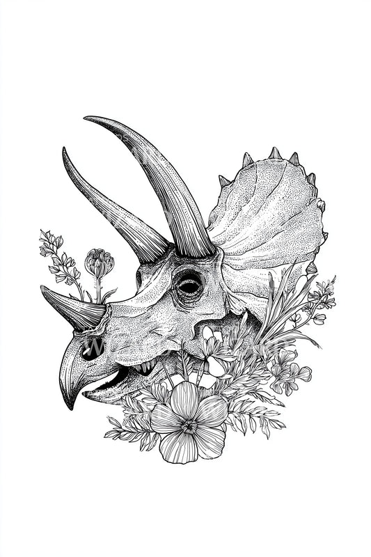 Floral Triceratops Skull Tattoo Illustration