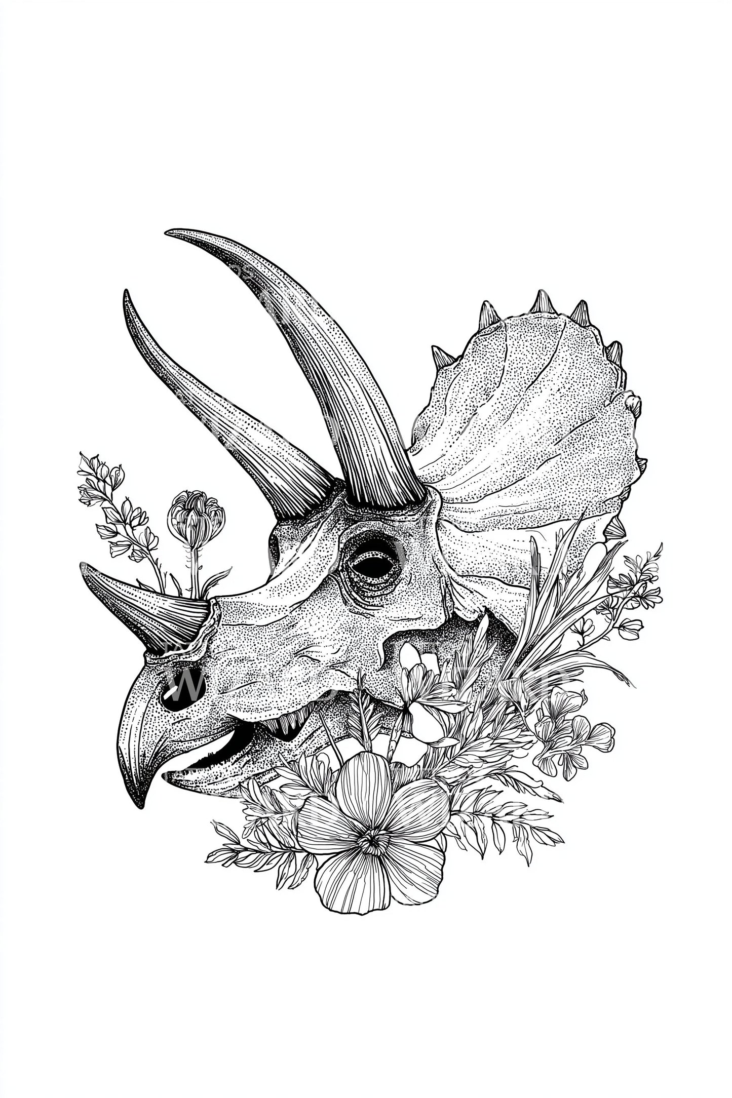 Floral Triceratops Skull Tattoo Illustration