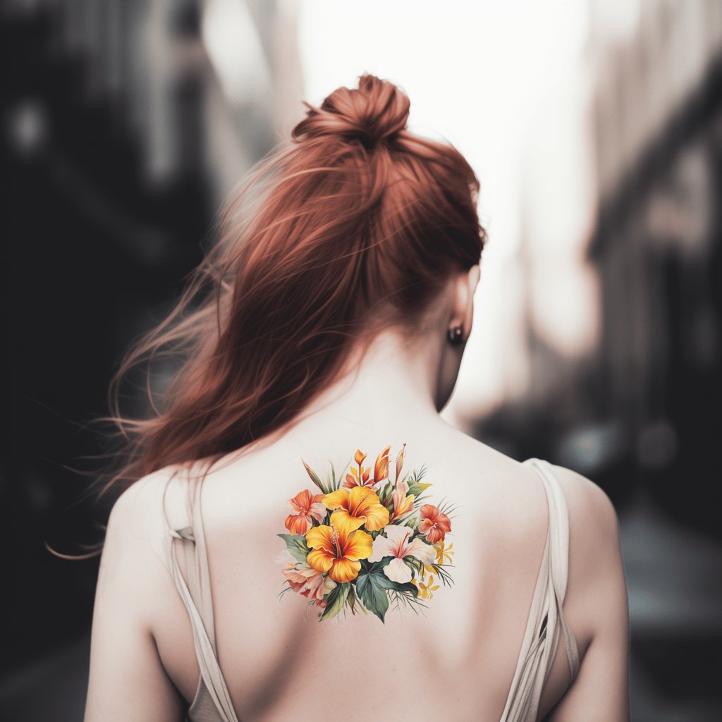 Conception de tatouage de bouquet tropical orange