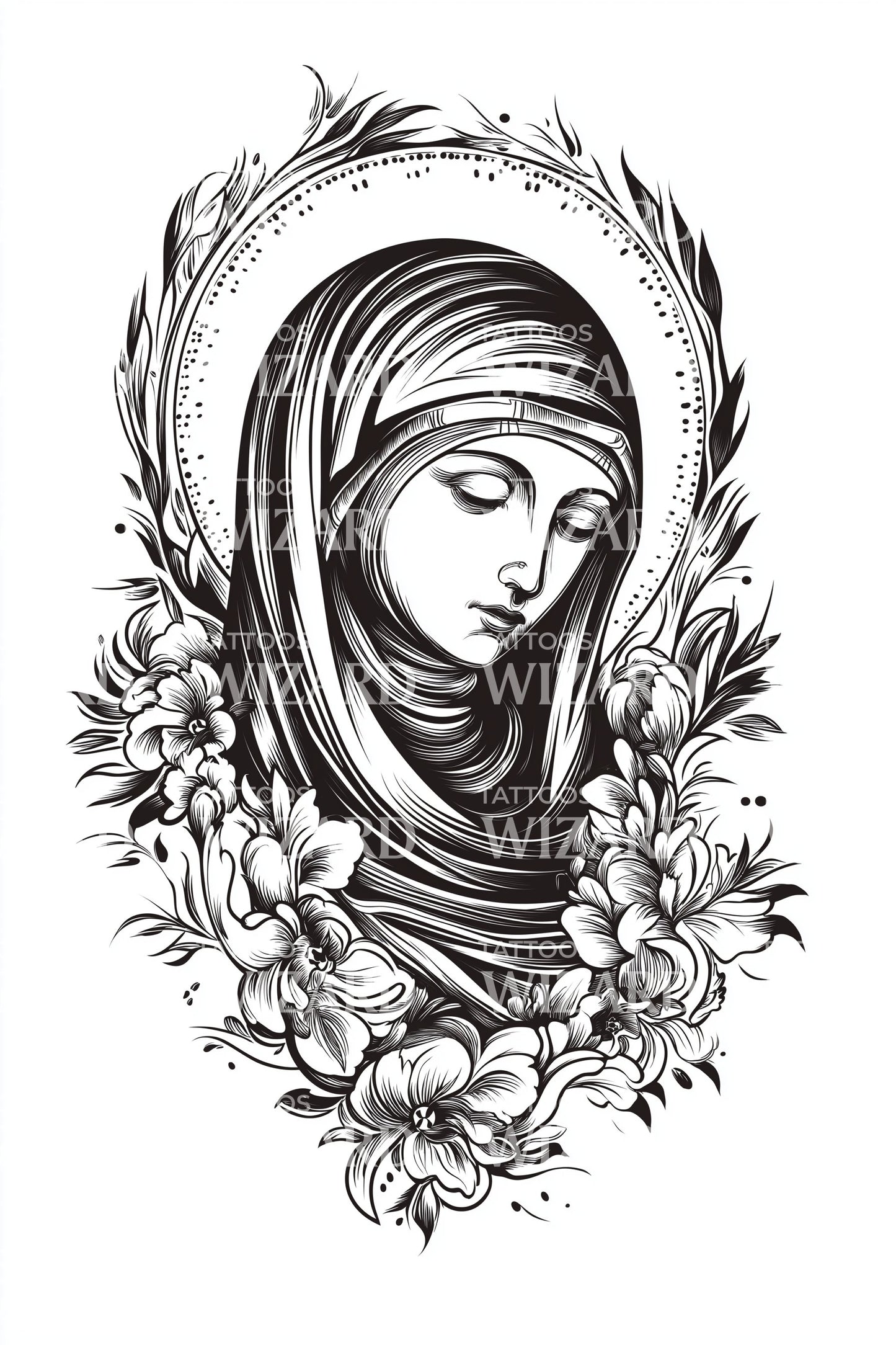 Floral Virgin Mary Tattoo Illustration