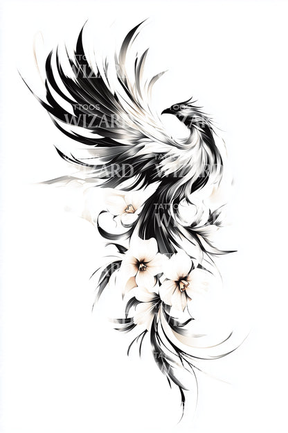 Desenho de Tatuagem de Fénix Alada Floral