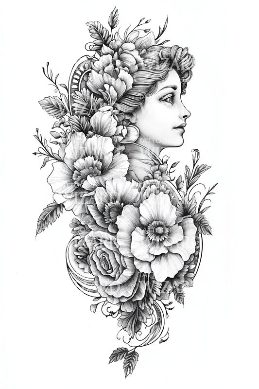 Flower Crown Profile Tattoo Illustration