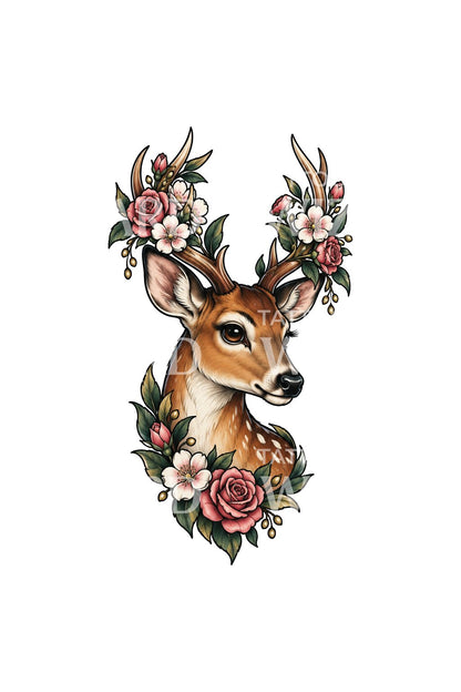 Neotraditionelt tatoveringsdesign med hjort og blomsterkrone