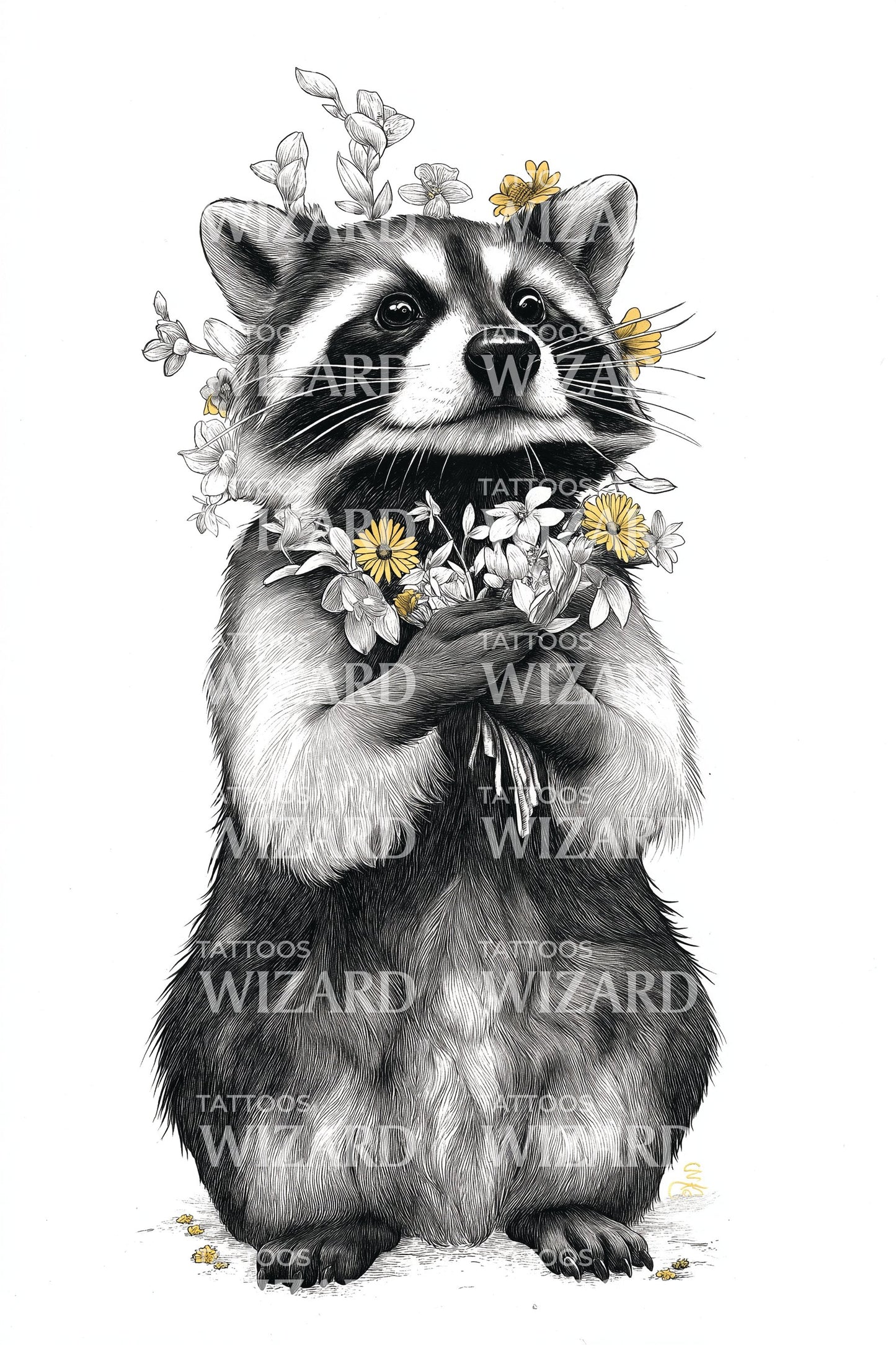 Flower Holding Raccoon Tattoo Idea