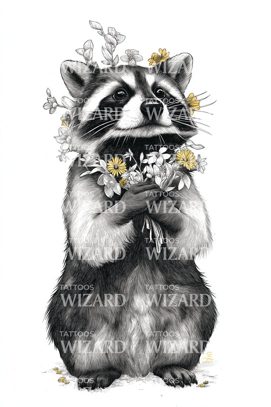 Flower Holding Raccoon Tattoo Idea