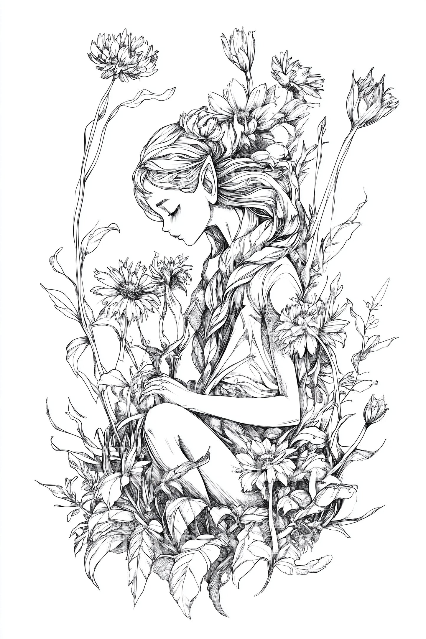 Kukkanymfi viivapiirros tatuointiillustratio
