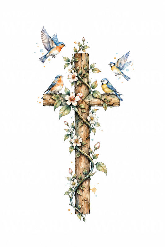 Flowering Cross with Songbirds Watercolor Tattoo