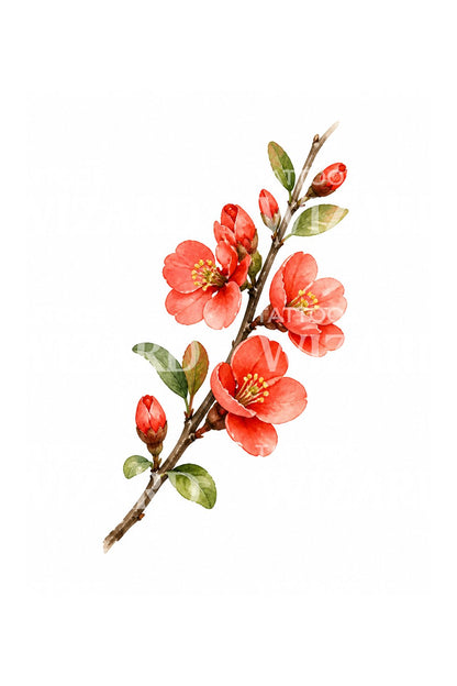 Design per tatuaggio con ramo di cotogno in fiore