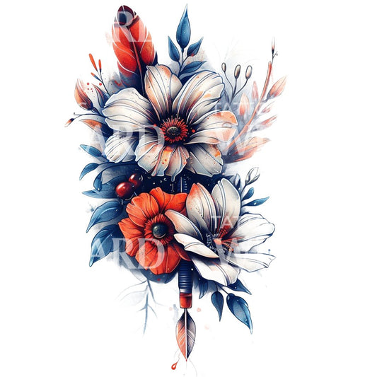 Tattoo-Design mit Blumen und indianischem Blumenstrauß