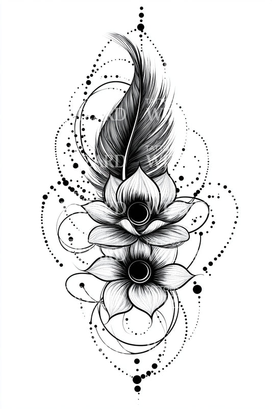 Design del tatuaggio loto con piuma fluente