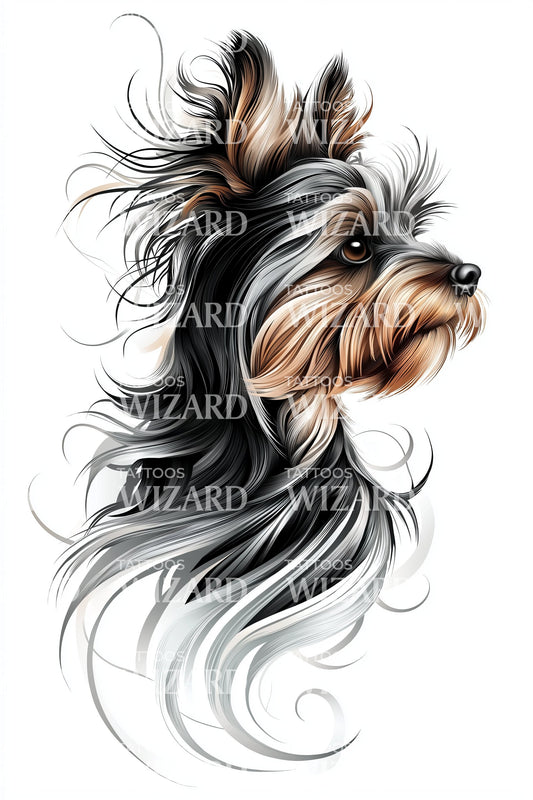 Flowing Yorkshire Terrier Tattoo Illustration