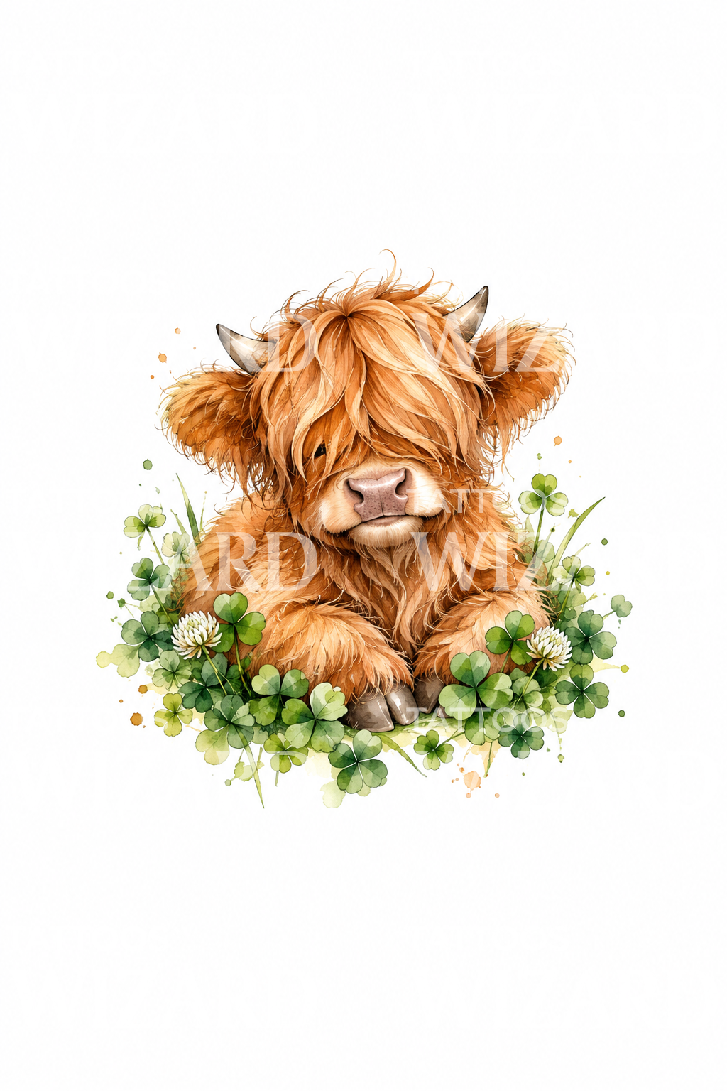 Fluffy Highland Calf in Clover Watercolor Tattoo Design