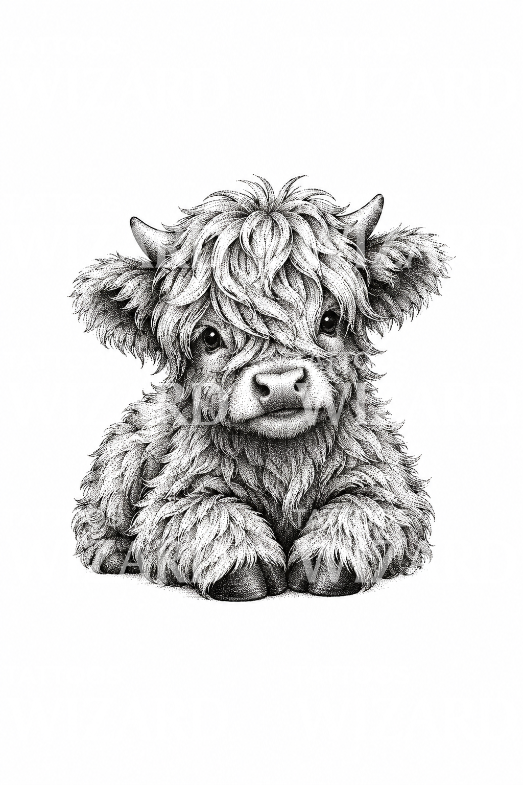 Fluffy Highland Calf Stipple Tattoo Design