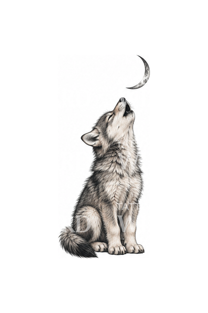 Fluffy Wolf Cub Singing Under Crescent Tattoo Illustration