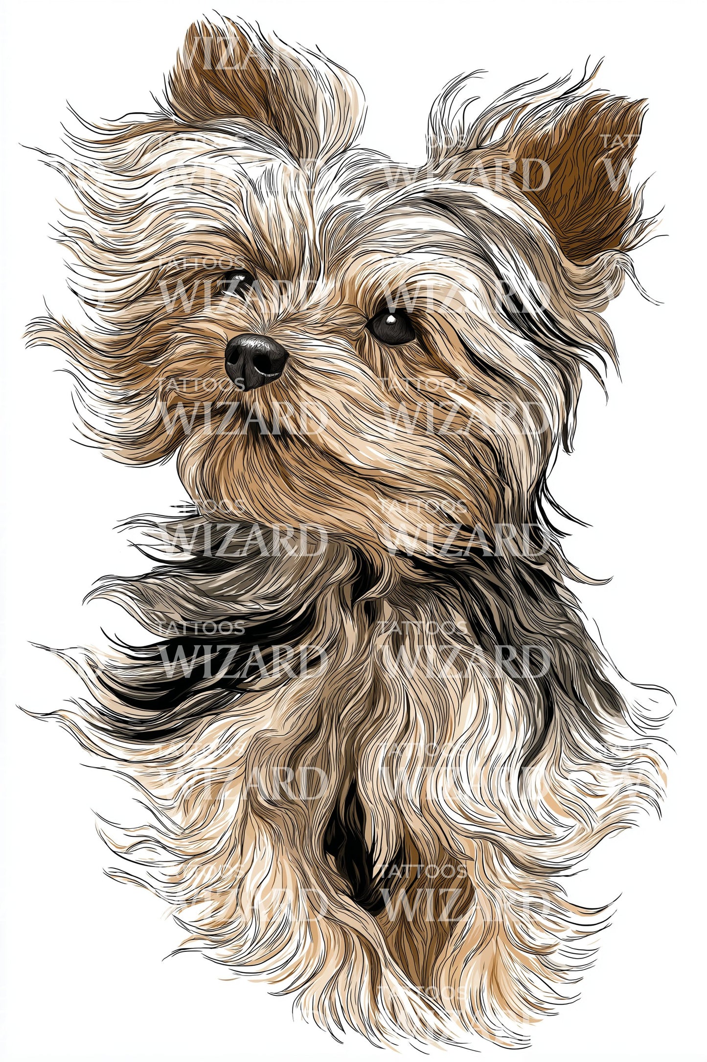 Fluffy Yorkie Portrait Tattoo Design