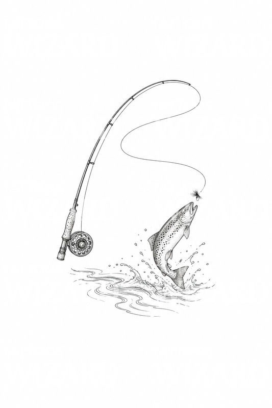 Tattoo-ontwerp met vliegvishengel en opspringende forel