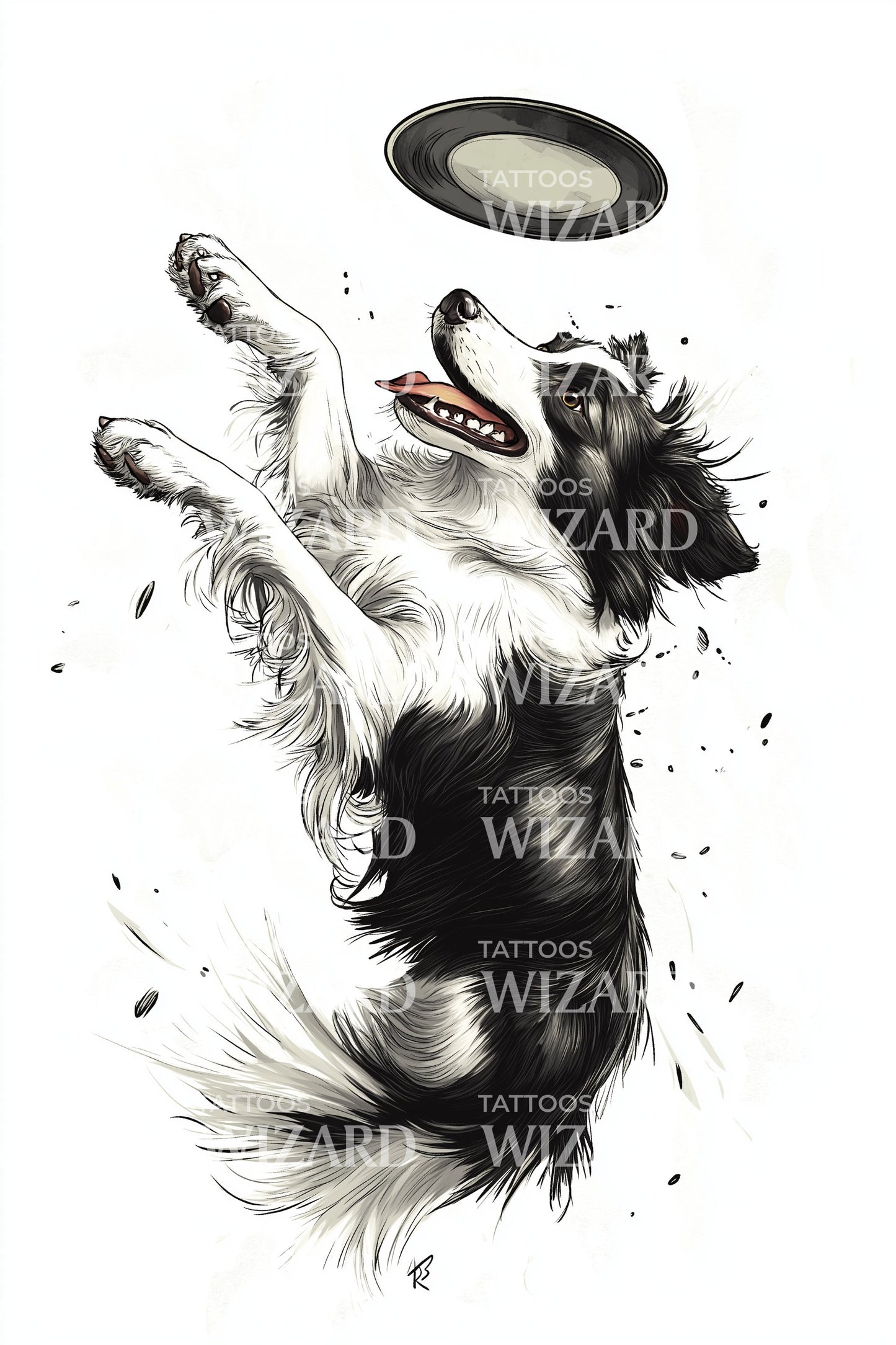 Flying Dog Frisbee Tattoo Illustration
