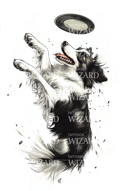 Flying Dog Frisbee Tattoo Illustration