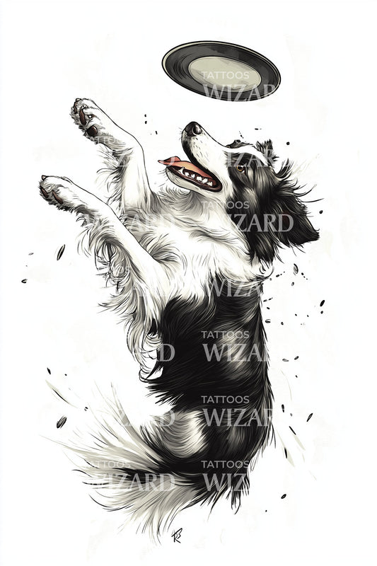 Flying Dog Frisbee Tattoo Illustration