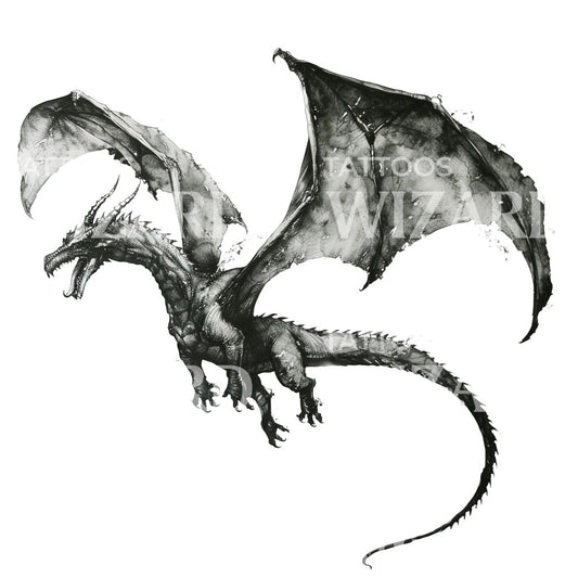Conception de tatouage à l'encre noire et grise de dragon volant