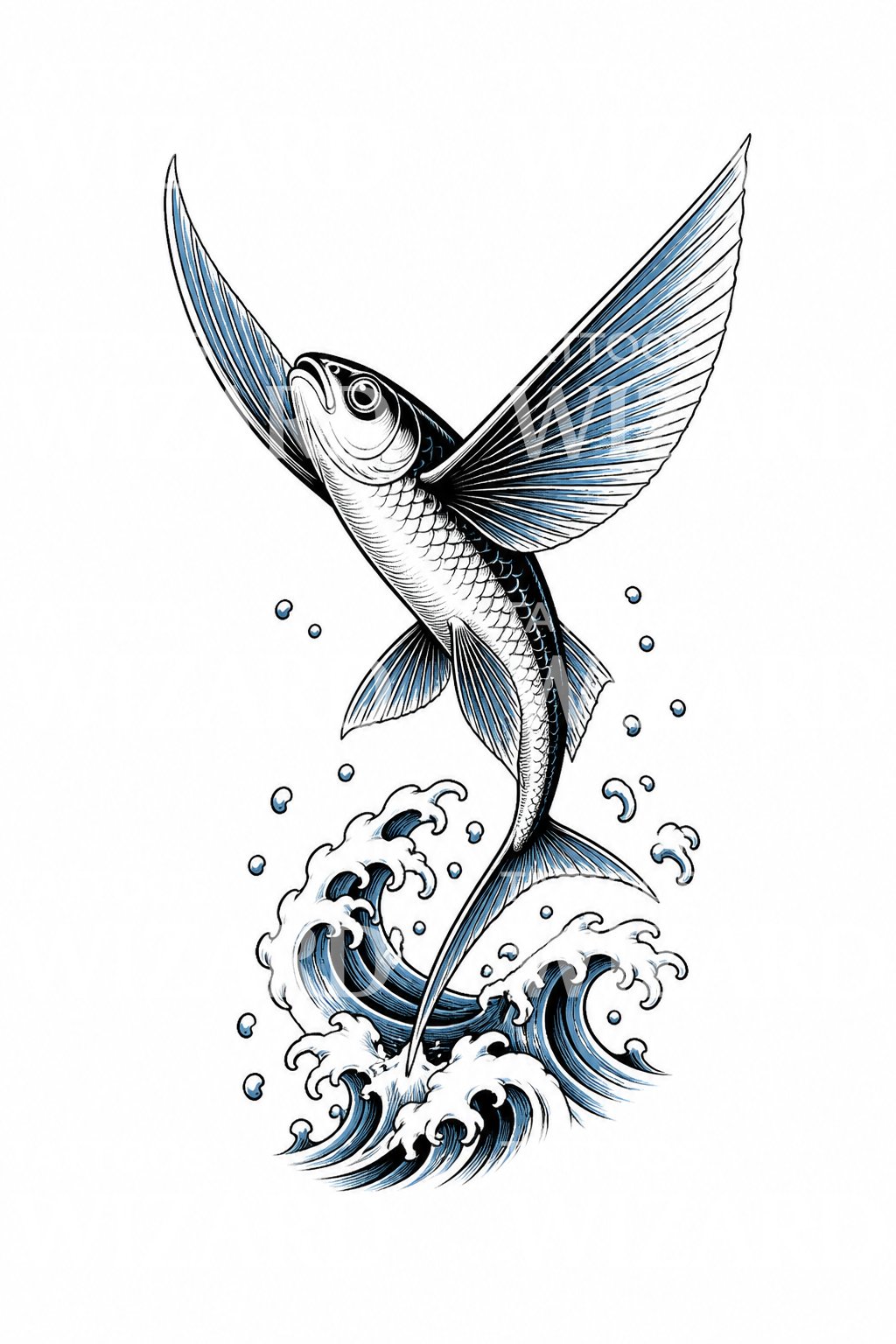 Flying Fish Over Waves Tattoo Design
