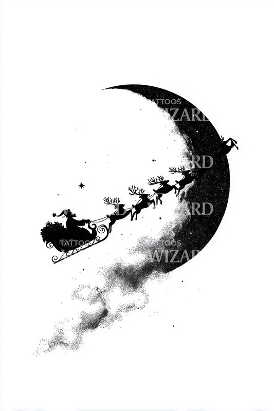 Flying Santa Moon Trail Tattoo Illustration