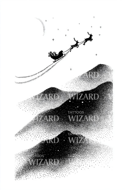 Flying Sleigh Night Hills Tattoo Design