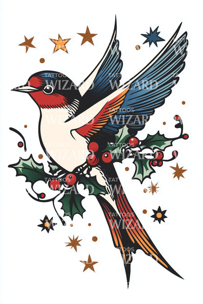 Flying Swallow Holiday Tattoo Design