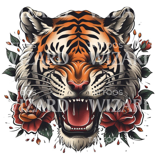 Conception de tatouage de tête de tigre et de roses à l'ancienne