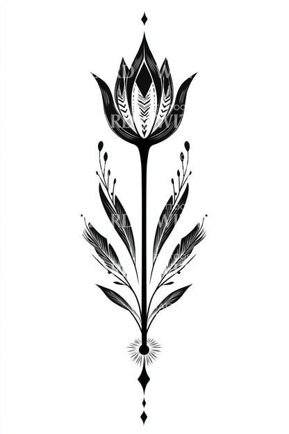 Folk Tulip Sprig Tattoo Design