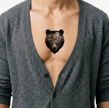 Diseño de tatuaje de oso y bosque en doble exposición