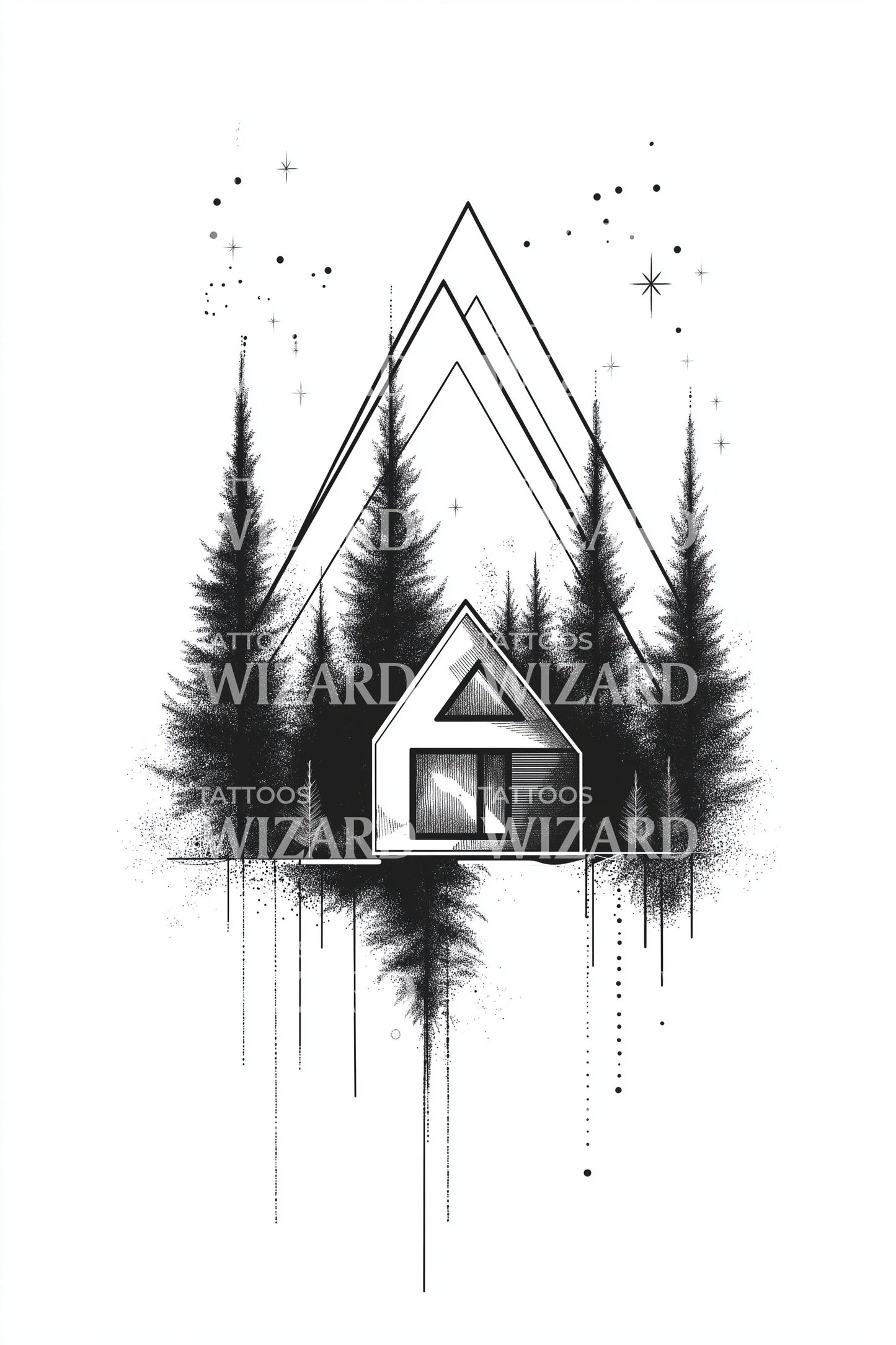 Forest Cabin Reflection Tattoo Design