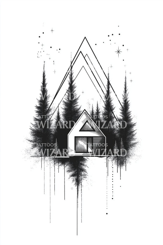 Forest Cabin Reflection Tattoo Design