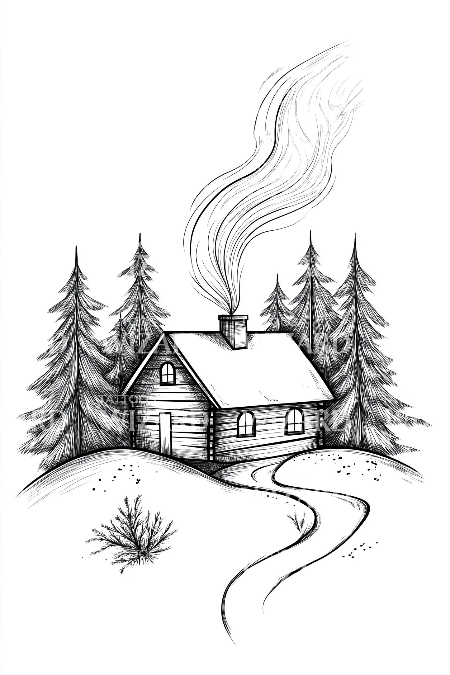 Forest Cabin Sketch Tattoo Illustration