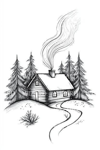 Forest Cabin Sketch Tattoo Illustration