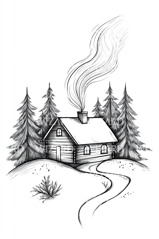 Forest Cabin Sketch Tattoo Illustration