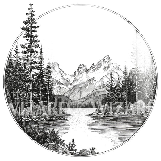 Conception de tatouage de lac et de montagnes forestières