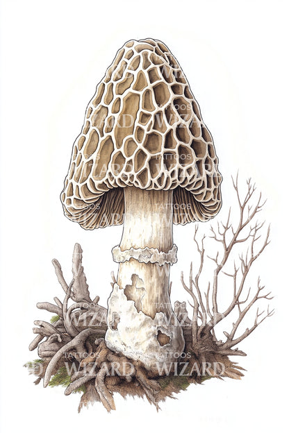 Forest Morel Rooted Tattoo Illustration