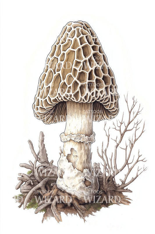 Forest Morel Rooted Tattoo Illustration