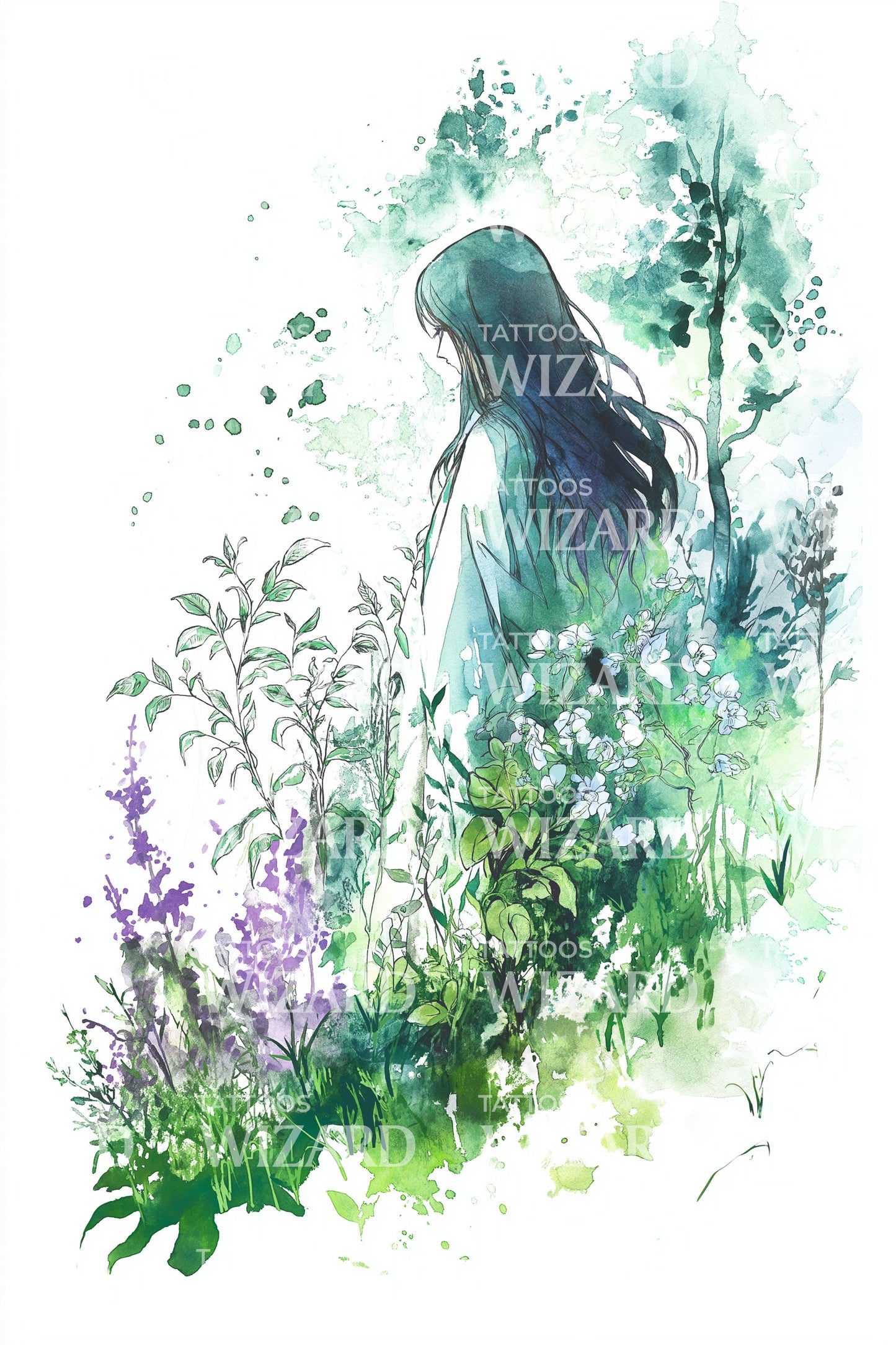 Forest Nymph Watercolor Tattoo Illustration