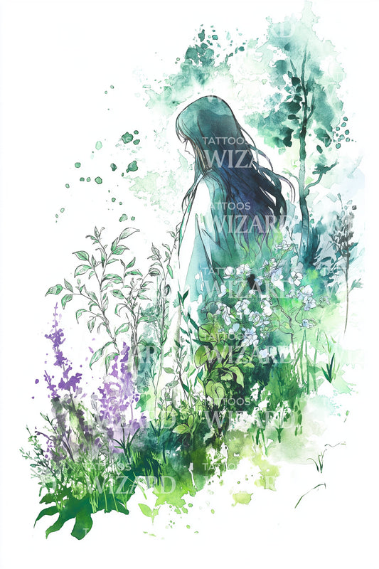 Forest Nymph Watercolor Tattoo Illustration