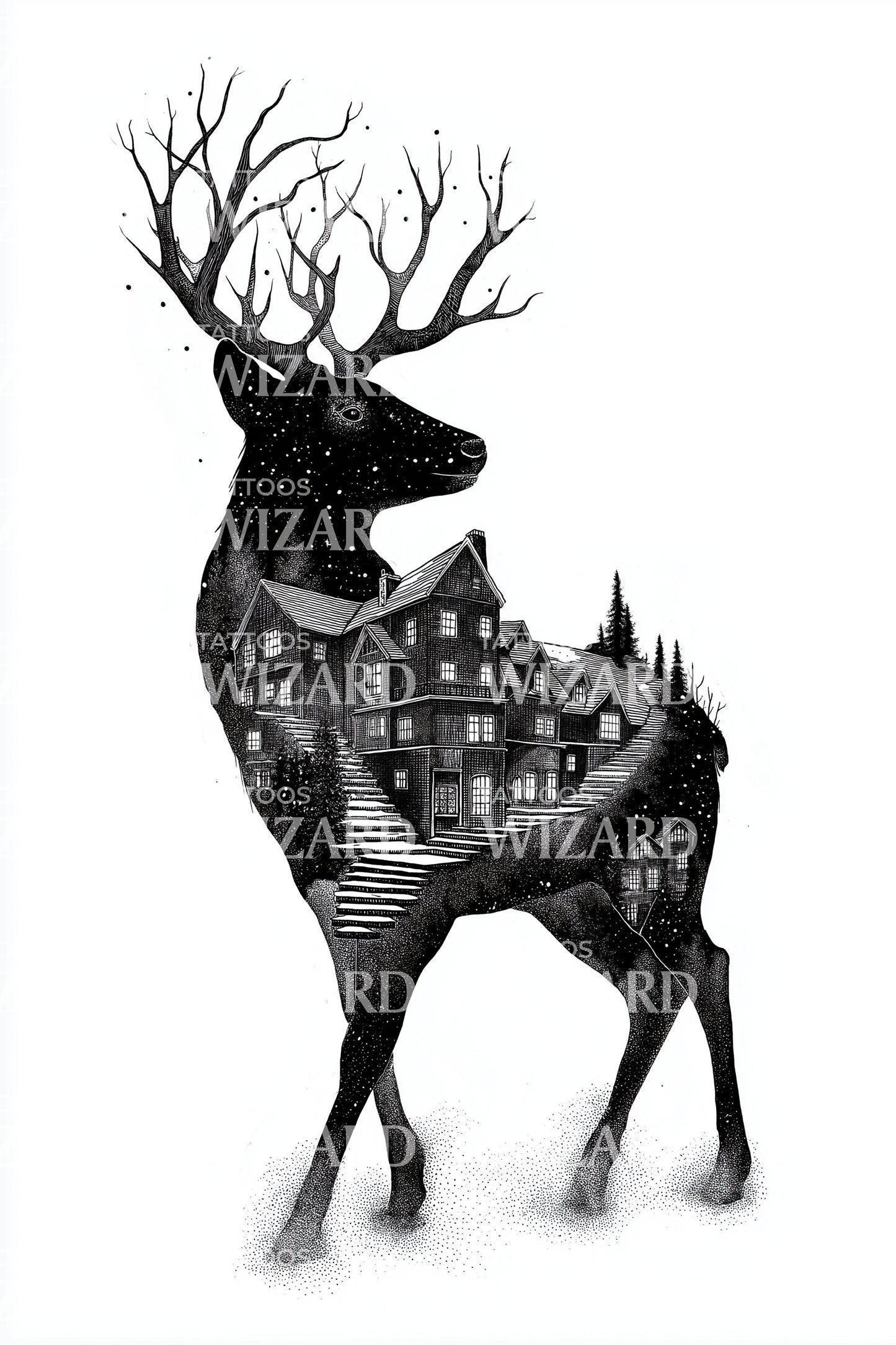Forest Stag Cityscape Tattoo Design