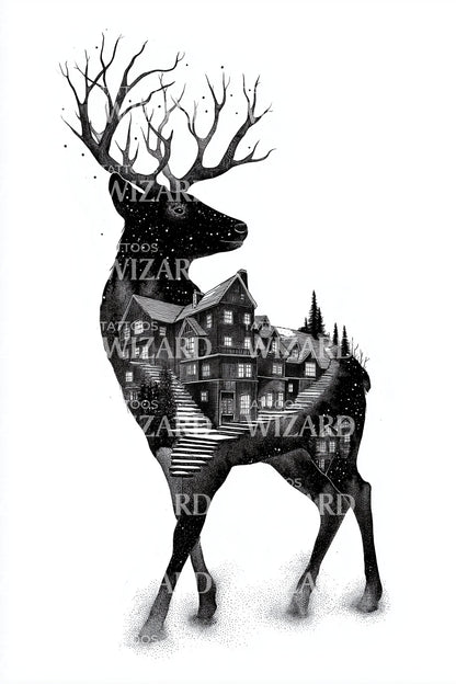 Forest Stag Cityscape Tattoo Design
