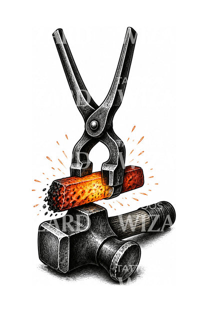Pinces de forge et acier incandescent, motif de tatouage