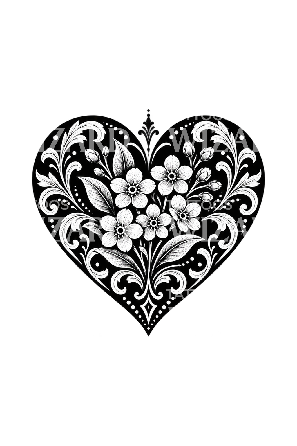 Forget Me Not Heart Blackwork Tattoo Design