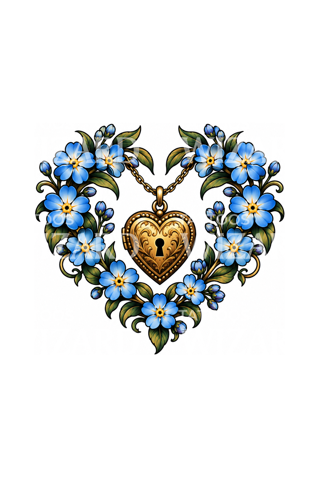 Forget Me Not Heart Wreath and Locket Tattoo Design
